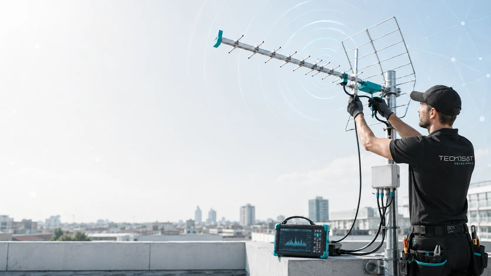 Técnico especializado instalando y orientando una antena TDT